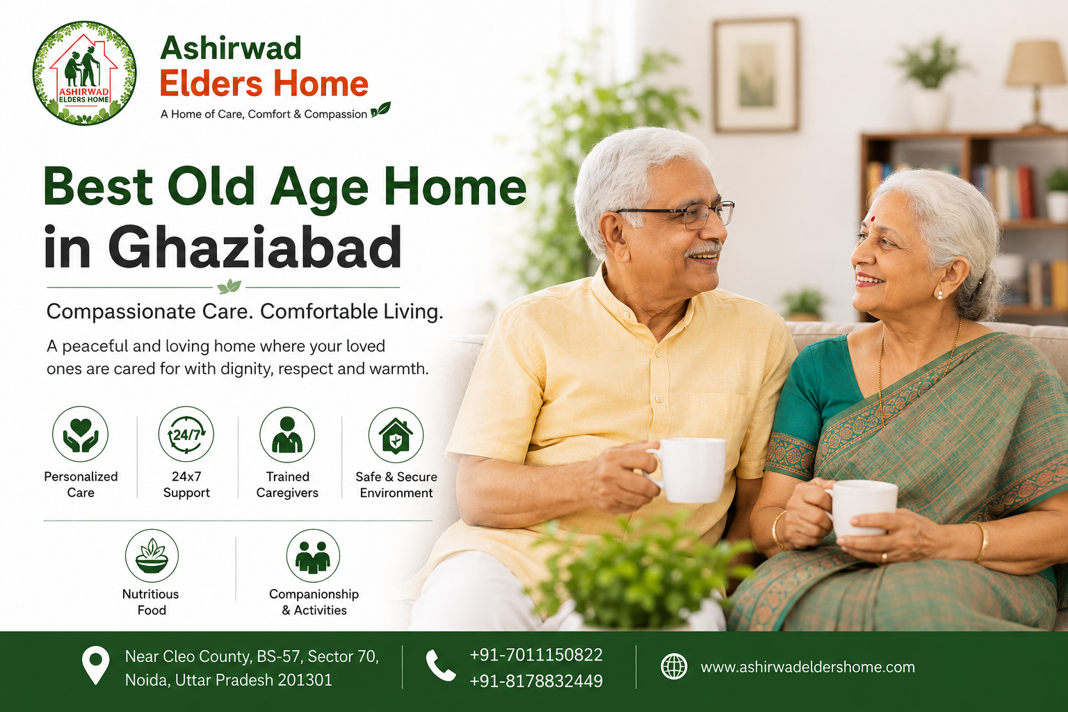 Resident enjoying a comfortable and caring stay at Ashirwad Elders Home, a leading old age home in Ghaziabad.